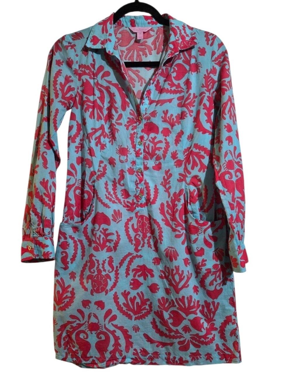 Lily Pulitzer Turquoise & Red Sanibel Tunic Dress XS 100% Cotton Coral Seahorse